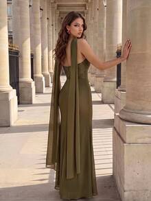 Modelyn Women's Lace Patchwork Chiffon Strapless Beaded Front Panel Long Formal Evening Gown (Heavy Embellished Style) - Olive Green - View 6