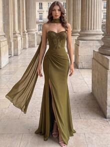 Modelyn Women's Lace Patchwork Chiffon Strapless Beaded Front Panel Long Formal Evening Gown (Heavy Embellished Style) - Olive Green - View 5