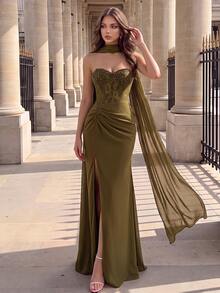 Modelyn Women's Lace Patchwork Chiffon Strapless Beaded Front Panel Long Formal Evening Gown (Heavy Embellished Style) - Olive Green - View 7