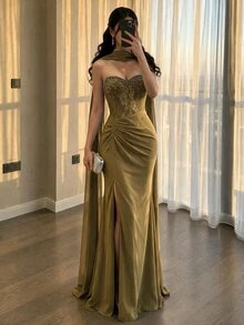 Modelyn Women's Lace Patchwork Chiffon Strapless Beaded Front Panel Long Formal Evening Gown (Heavy Embellished Style) - Olive Green - View 2