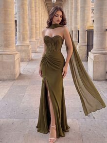 Modelyn Women's Lace Patchwork Chiffon Strapless Beaded Front Panel Long Formal Evening Gown (Heavy Embellished Style) - Olive Green - View 8