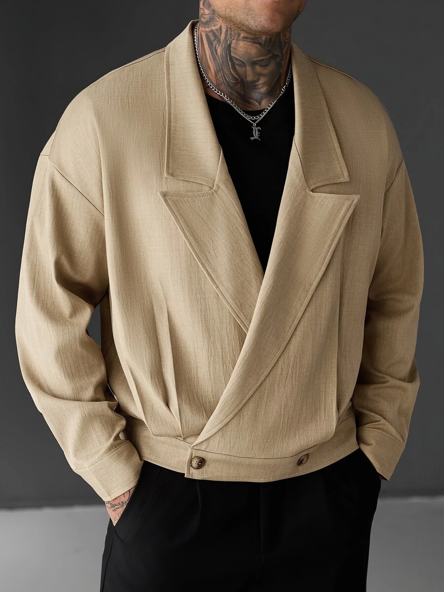 SLATEMANN Men's Comfortable Solid Color 2-Button Long Sleeve Jacket, Pleated Front Design, Casual Vacation, Dinner Party, Daily Date, Minimalist Versatile Style, Cycling, Suitable For Self-Wear Or Gift To Friends, Hot-Selling Autumn/Winter Outdoor Jacket - Khaki - View 1