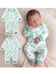 SHEIN Kids Kids Kids Kids Newborn Cute Boy Girl Cartoon Pattern Long Sleeve Home Wear Set - Green - View 1