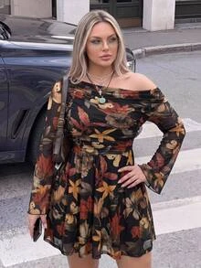 SHEIN ICON Plus Size Y2K Maple Leaf Print Mesh Long Sleeve Dress, Vintage, Casual, Fitted Dress, Suitable For Spring Fall - Multicolor - View 1