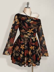 SHEIN ICON Plus Size Y2K Maple Leaf Print Mesh Long Sleeve Dress, Vintage, Casual, Fitted Dress, Suitable For Spring Fall - Multicolor - View 7