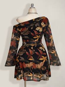 SHEIN ICON Plus Size Y2K Maple Leaf Print Mesh Long Sleeve Dress, Vintage, Casual, Fitted Dress, Suitable For Spring Fall - Multicolor - View 10