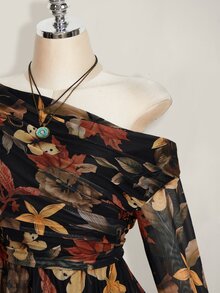 SHEIN ICON Plus Size Y2K Maple Leaf Print Mesh Long Sleeve Dress, Vintage, Casual, Fitted Dress, Suitable For Spring Fall - Multicolor - View 5