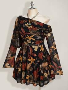 SHEIN ICON Plus Size Y2K Maple Leaf Print Mesh Long Sleeve Dress, Vintage, Casual, Fitted Dress, Suitable For Spring Fall - Multicolor - View 4