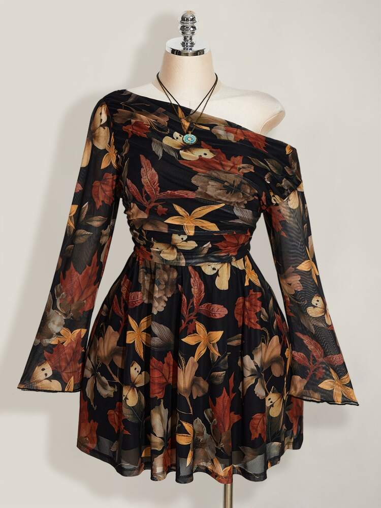 SHEIN ICON Plus Size Y2K Maple Leaf Print Mesh Long Sleeve Dress, Vintage, Casual, Fitted Dress, Suitable For Spring Fall - Multicolor - View 3