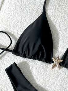 SHEIN Swim Women's Solid Color Metal Decor Halter Sexy Bikini Set, Summer - Black - View 4