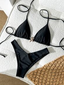 SHEIN Swim Women's Solid Color Metal Decor Halter Sexy Bikini Set, Summer - Black - View 3