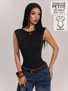 SHEIN PETITE 女款純色圓領蕾絲拼接露背修身無袖連身內衣，黑色夏季性感夜店風，適合嬌小女性 - 黑色 - 查看 10