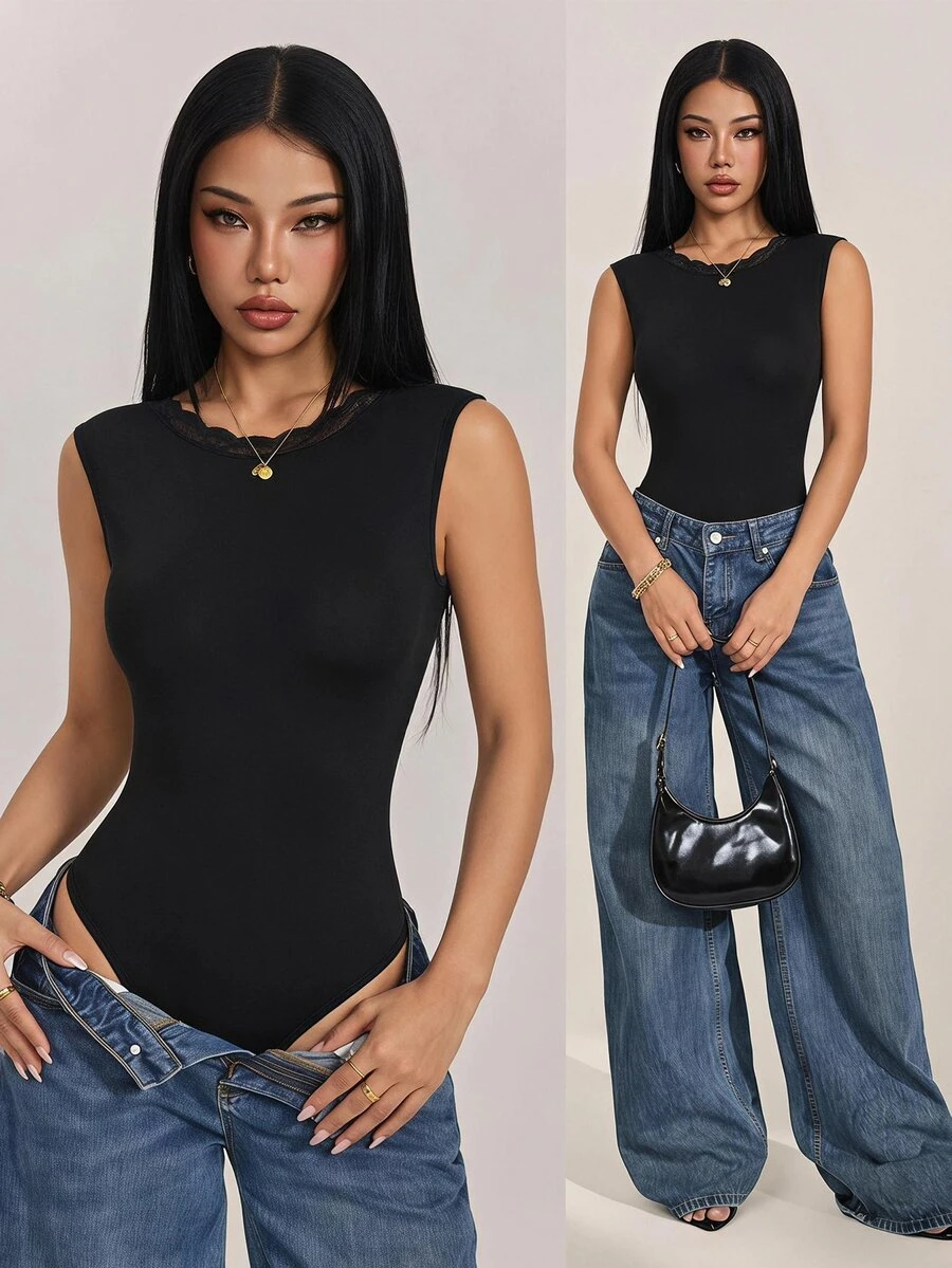 SHEIN PETITE Women's Solid Color Round Neck Lace Patchwork Backless Slim Fit Sleeveless Bodysuit Night Out Black Summer Sexy,Petite Women - Black - View 1