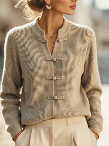 SHEIN Women New Chinese Style Waffle Knit Cardigan, Stand Collar Frog Button Long Sleeve Ribbed Hem Knit J - Khaki - View 7