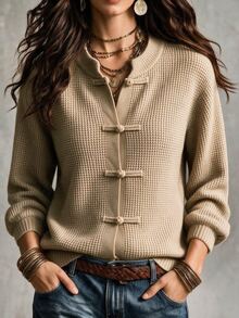 SHEIN Women New Chinese Style Waffle Knit Cardigan, Stand Collar Frog Button Long Sleeve Ribbed Hem Knit J - Khaki - View 8