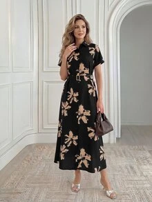 Medorina Women's Floral Print Casual Party & Travel Dress - Black - View 5
