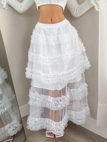 Sweetina Heavily Embroidered Lace Tulle Skirt, High Waist A-Line Princess Style Mesh Skirt - White - View 2