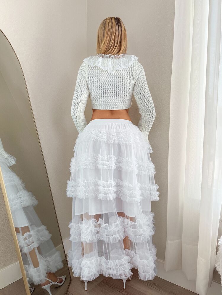 Sweetina Heavily Embroidered Lace Tulle Skirt, High Waist A-Line Princess Style Mesh Skirt - White - View 6