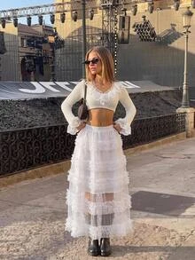 Sweetina Heavily Embroidered Lace Tulle Skirt, High Waist A-Line Princess Style Mesh Skirt - White - View 1