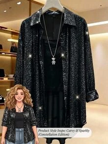 SHEIN LUNE 大尺碼女款感恩節套裝 秋季休閒天體元素日常穿搭 外出夜店黑色款 - 黑色 - 查看 14