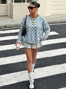 Muchica Plus Size Street Style Polka Dot Print Contrast Color Long Sleeve T-Shirt Fall - Blue - View 4