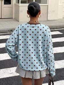 Muchica Plus Size Street Style Polka Dot Print Contrast Color Long Sleeve T-Shirt Fall - Blue - View 3
