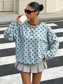 Muchica Plus Size Street Style Polka Dot Print Contrast Color Long Sleeve T-Shirt Fall - Blue - View 7