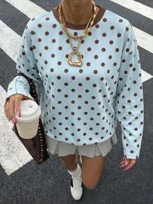 Muchica Plus Size Street Style Polka Dot Print Contrast Color Long Sleeve T-Shirt Fall - Blue - View 6