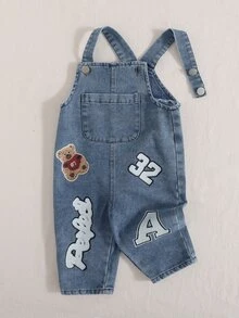 SHEIN Baby Boy Denim Overalls Cute Preppy Light Blue Bear Patch Letter Print Washed Long Sleeve Birthday Party Spring Holiday Baggy Cargo Street Style - Light Wash - View 6