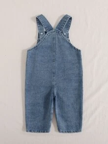 SHEIN Baby Boy Denim Overalls Cute Preppy Light Blue Bear Patch Letter Print Washed Long Sleeve Birthday Party Spring Holiday Baggy Cargo Street Style - Light Wash - View 3