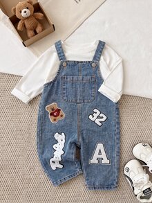 SHEIN Baby Boy Denim Overalls Cute Preppy Light Blue Bear Patch Letter Print Washed Long Sleeve Birthday Party Spring Holiday Baggy Cargo Street Style - Light Wash - View 1