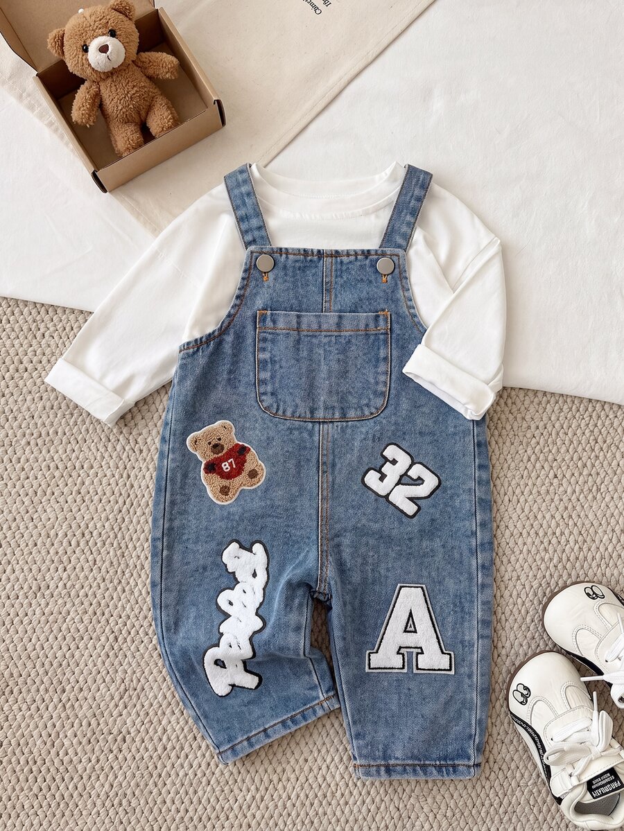SHEIN Baby Boy Denim Overalls Cute Preppy Light Blue Bear Patch Letter Print Washed Long Sleeve Birthday Party Spring Holiday Baggy Cargo Street Style - Light Wash - View 1