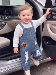 SHEIN Baby Boy Denim Overalls Cute Preppy Light Blue Bear Patch Letter Print Washed Long Sleeve Birthday Party Spring Holiday Baggy Cargo Street Style - Light Wash - View 4