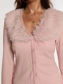 Opulessa Women's Solid Color Patchwork Fur Collar Long Sleeve Fashion Top - Pink - View 6