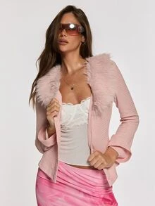 Opulessa Women's Solid Color Patchwork Fur Collar Long Sleeve Fashion Top - Pink - View 5