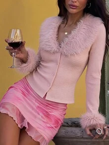 Opulessa Women's Solid Color Patchwork Fur Collar Long Sleeve Fashion Top - Pink - View 1