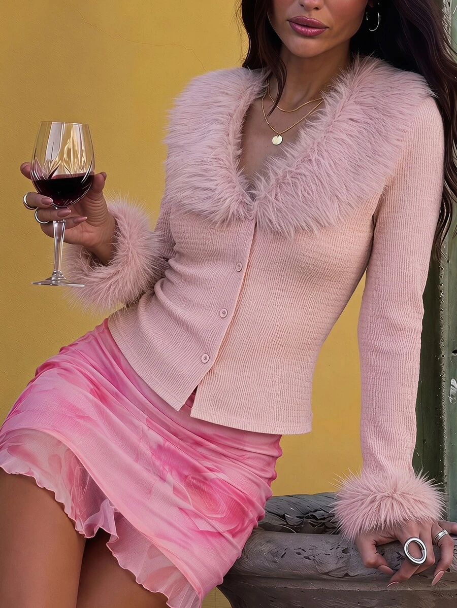 Opulessa Women's Solid Color Patchwork Fur Collar Long Sleeve Fashion Top - Pink - View 1