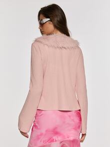 Opulessa Women's Solid Color Patchwork Fur Collar Long Sleeve Fashion Top - Pink - View 3