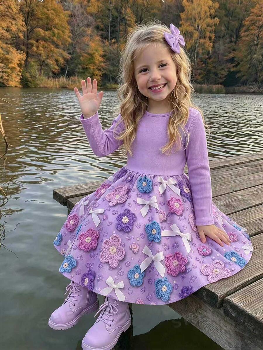 Emery Rose Kids Emery Rose Kids Kids Young Girl Knit Solid Color Round Neck Patchwork Floral Fitted Casual Dress For Autumn Winter Spring - Purple - View 1