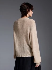 Elafinee Slouchy Mohair Knit Cardigan Women Autumn V-Neck Shell Button Loose Petal Sleeve Short Soft Sweater Jacket - Apricot - View 2