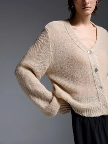 Elafinee Slouchy Mohair Knit Cardigan Women Autumn V-Neck Shell Button Loose Petal Sleeve Short Soft Sweater Jacket - Apricot - View 3