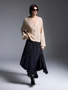 Elafinee Slouchy Mohair Knit Cardigan Women Autumn V-Neck Shell Button Loose Petal Sleeve Short Soft Sweater Jacket - Apricot - View 5