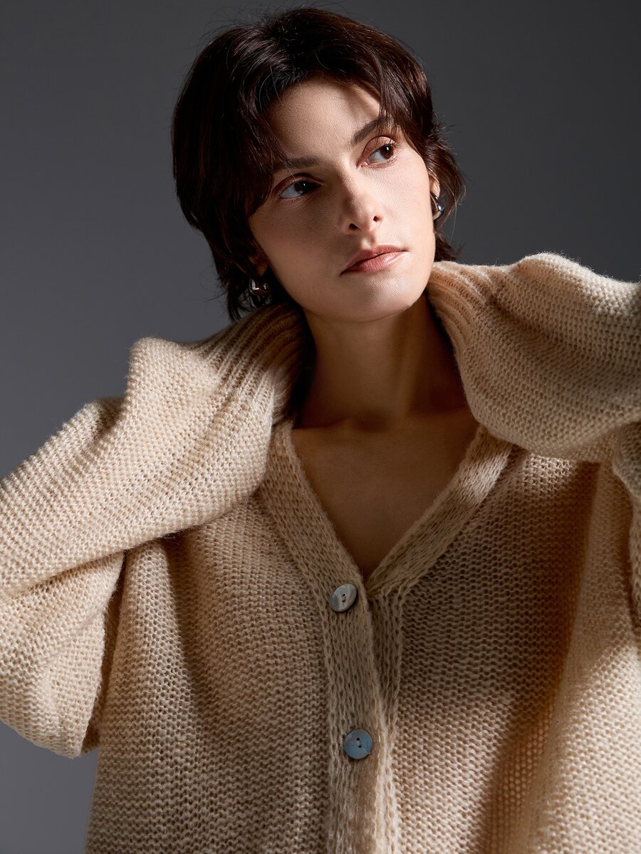 Elafinee Slouchy Mohair Knit Cardigan Women Autumn V-Neck Shell Button Loose Petal Sleeve Short Soft Sweater Jacket - Apricot - View 1