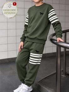 2pcs Tween Boys Sweatshirt Set Casual Olive Green White Striped Horse Print Long Sleeve Crew Neck School Fall Back-To-School Autumn Winter - Multicolor - View 5