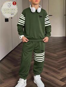 2pcs Tween Boys Sweatshirt Set Casual Olive Green White Striped Horse Print Long Sleeve Crew Neck School Fall Back-To-School Autumn Winter - Multicolor - View 6