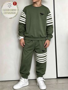 2pcs Tween Boys Sweatshirt Set Casual Olive Green White Striped Horse Print Long Sleeve Crew Neck School Fall Back-To-School Autumn Winter - Multicolor - View 4