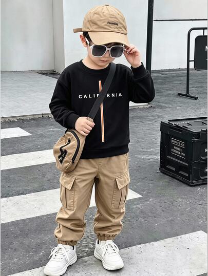 Genkimix Kids 2pcs/Set Young Boy Casual Sports Academy Street Style Cute Cool Graphic Tricolor Striped Sweatshirt + Pants, Suitable For Daily Wear,