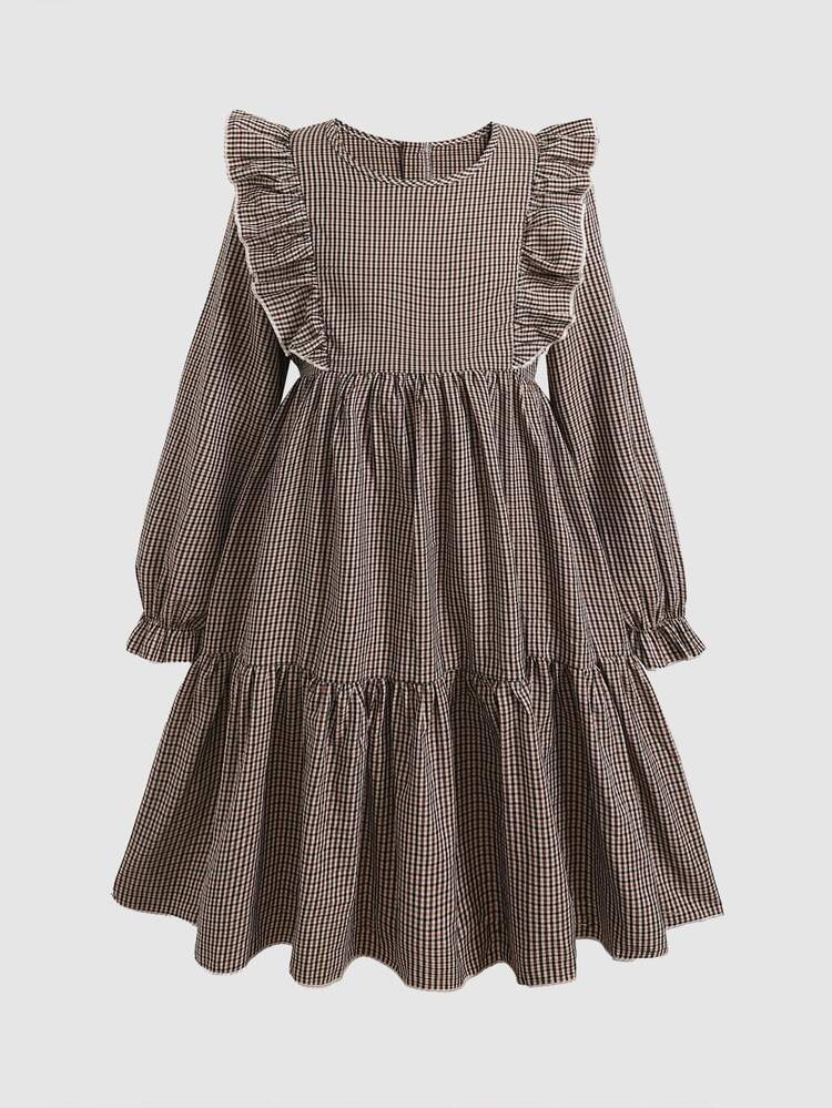 SHEIN Tween Girl Tween Girl Tween Girl Girls Dress Middle & Big Tween Girl 8-12Y Plaid Fabric Frill Trim Design - Khaki - View 8