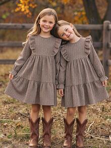 SHEIN Tween Girl Tween Girl Tween Girl Girls Dress Middle & Big Tween Girl 8-12Y Plaid Fabric Frill Trim Design - Khaki - View 1