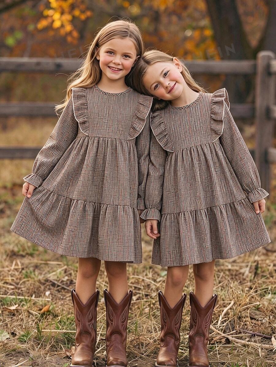 SHEIN Tween Girl Tween Girl Tween Girl Girls Dress Middle & Big Tween Girl 8-12Y Plaid Fabric Frill Trim Design - Khaki - View 1